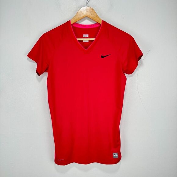 Nike Pro Performance Shirt Top Women Large Pink Red Stretch Dri-Fit Gym Training - Picture 1 of 9